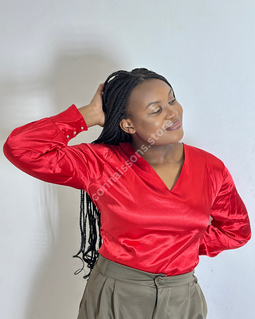 Satin V-Neck Blouse - Venetian Red