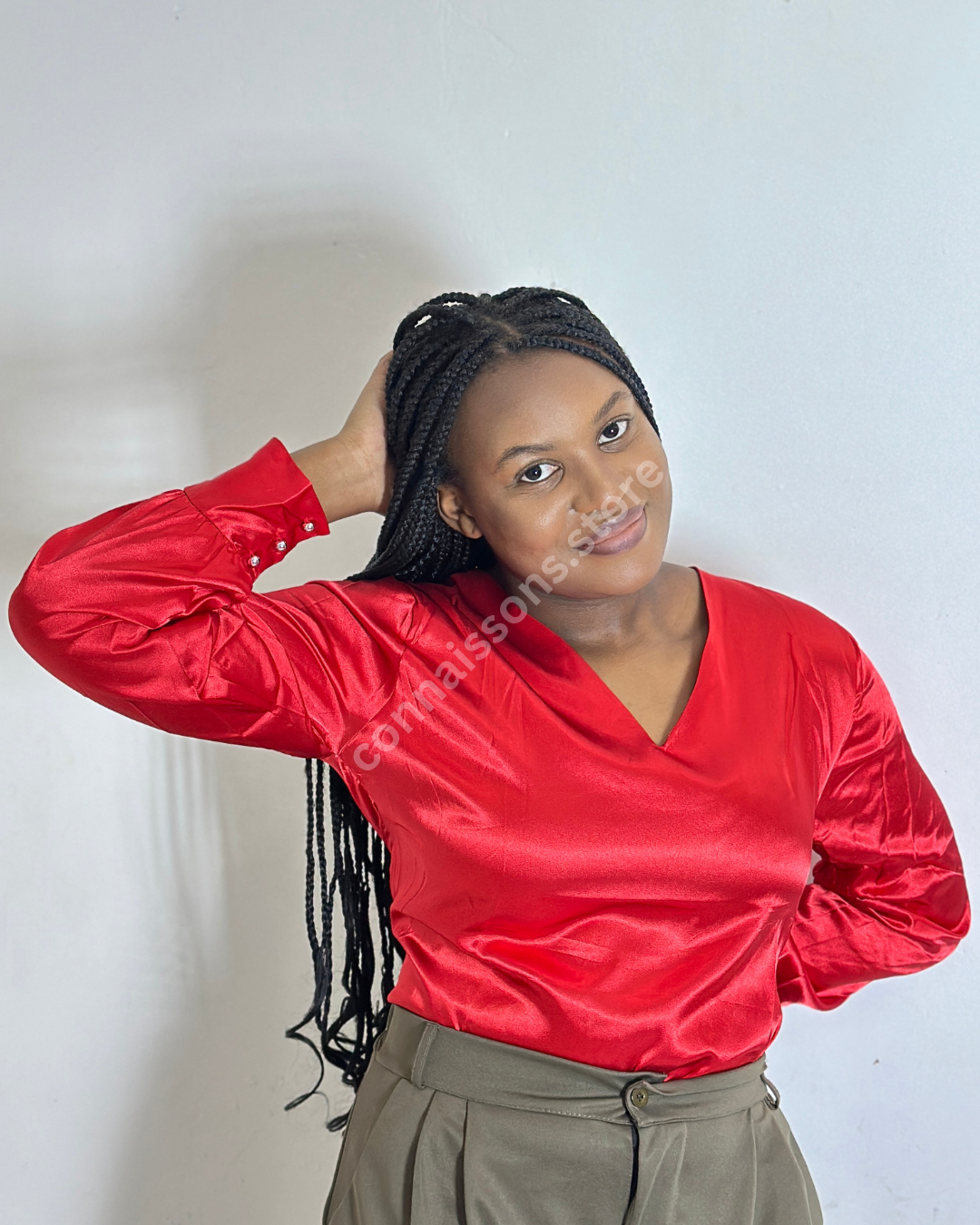 Satin V-Neck Blouse - Venetian Red