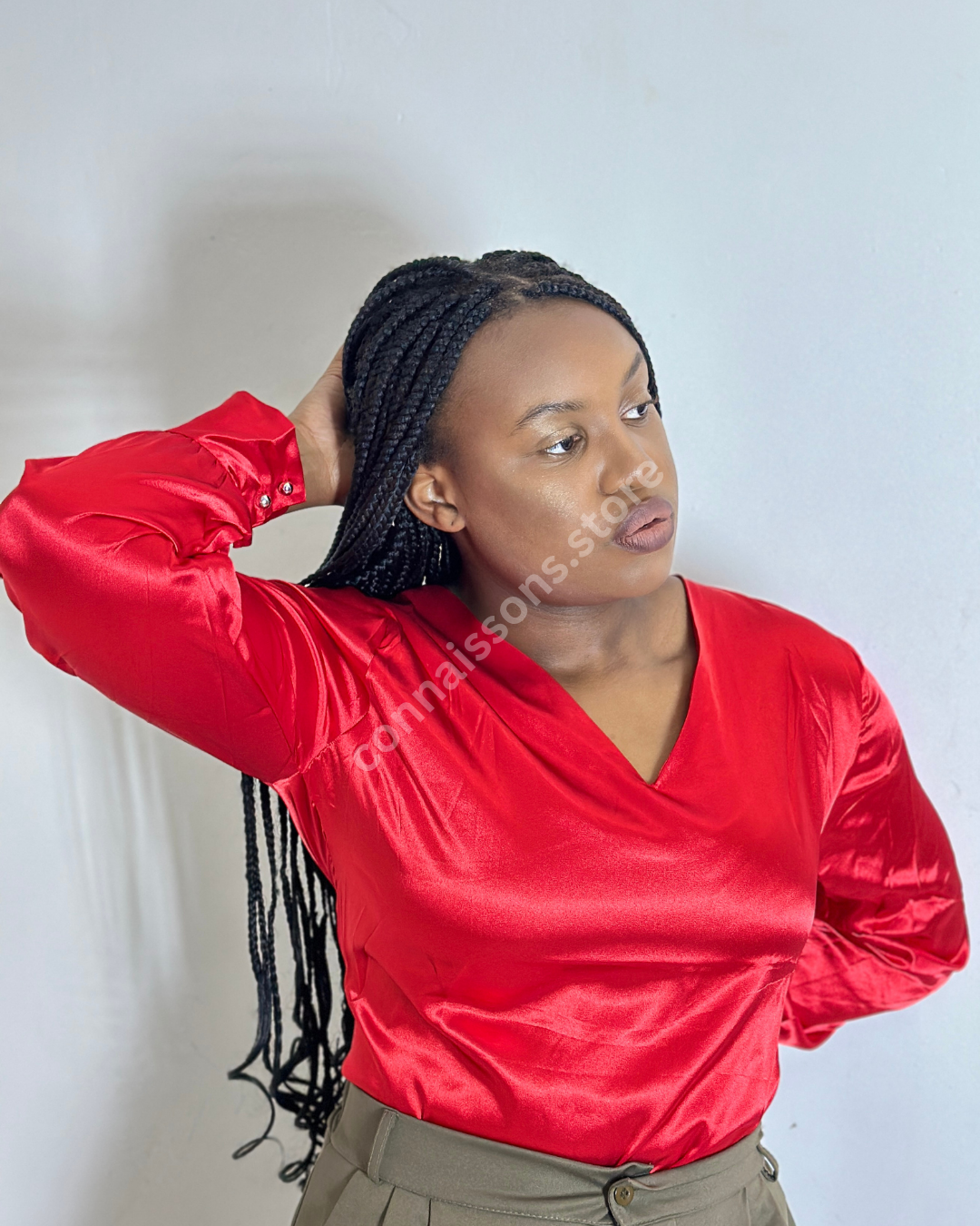 Satin V-Neck Blouse - Venetian Red