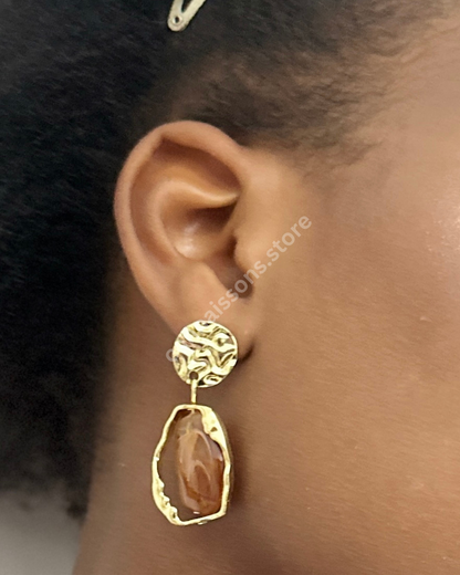 Rotating Brown Stone on Gold Earrings