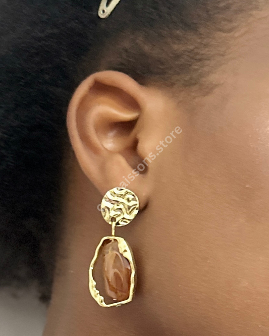 Rotating Brown Stone on Gold Earrings