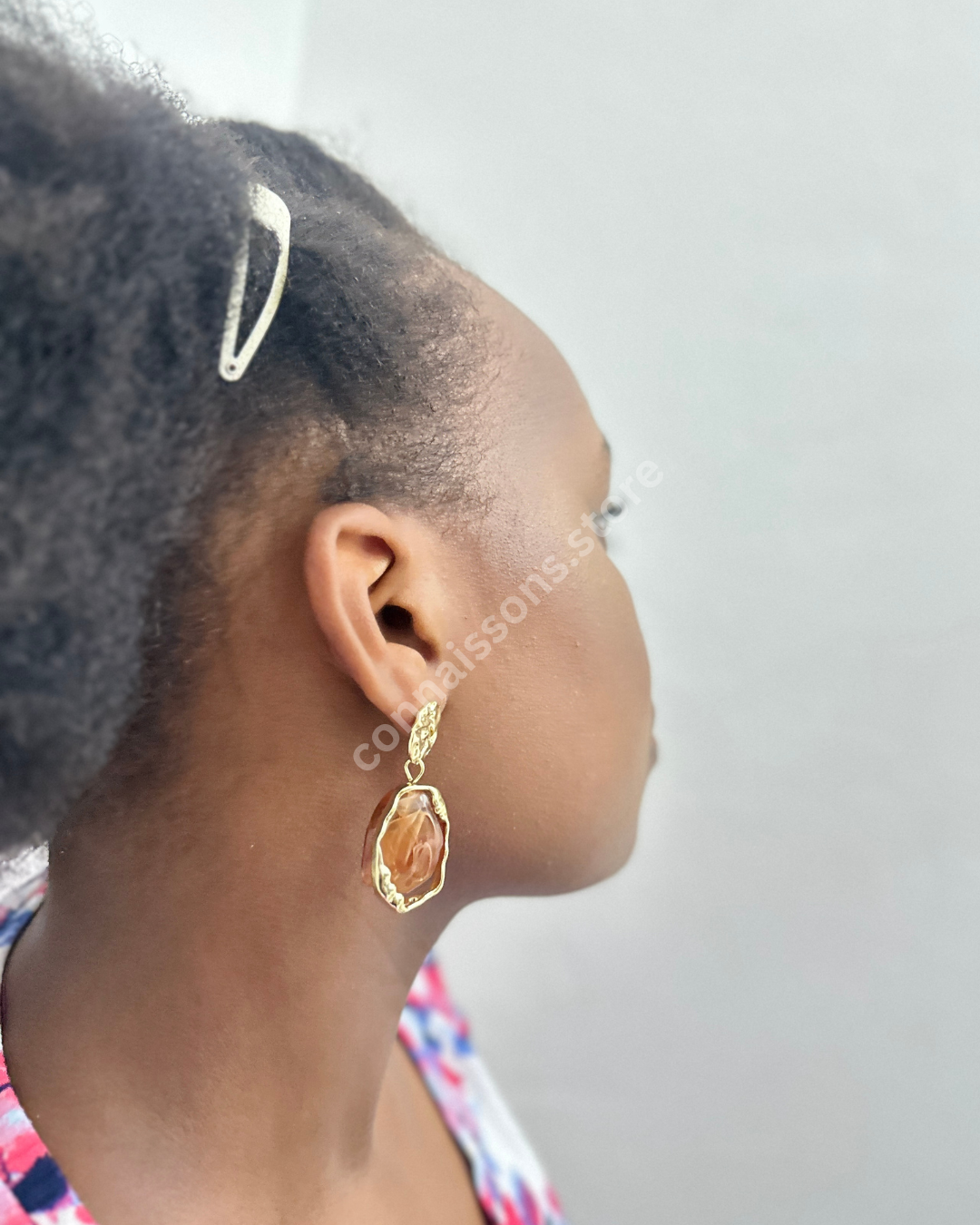 Rotating Brown Stone on Gold Earrings