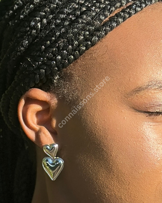 Double Heart Drop Earrings - Silver